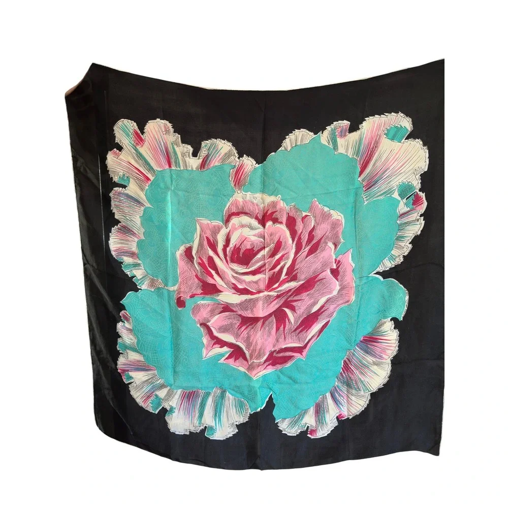 Vintage 80s‎ Silk Square Scarf Pink Rose Teal Black Hand Rolled Hem 32